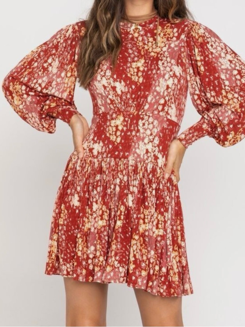 Free People Red Floral Long-Sleeve Mini Dress
